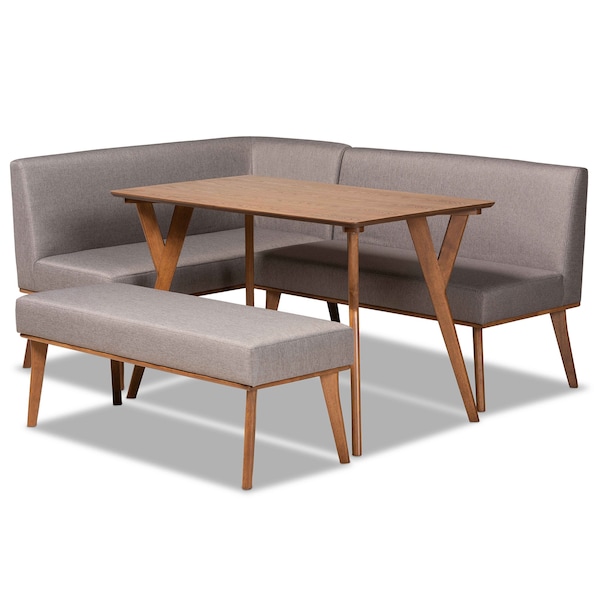 Baxton Studio Odessa Mid-Century Modern Grey Fabric and Walnut Brown Finished Wood 4-Piece Dining Nook Set 175-10843-10842-10840-Zoro - main